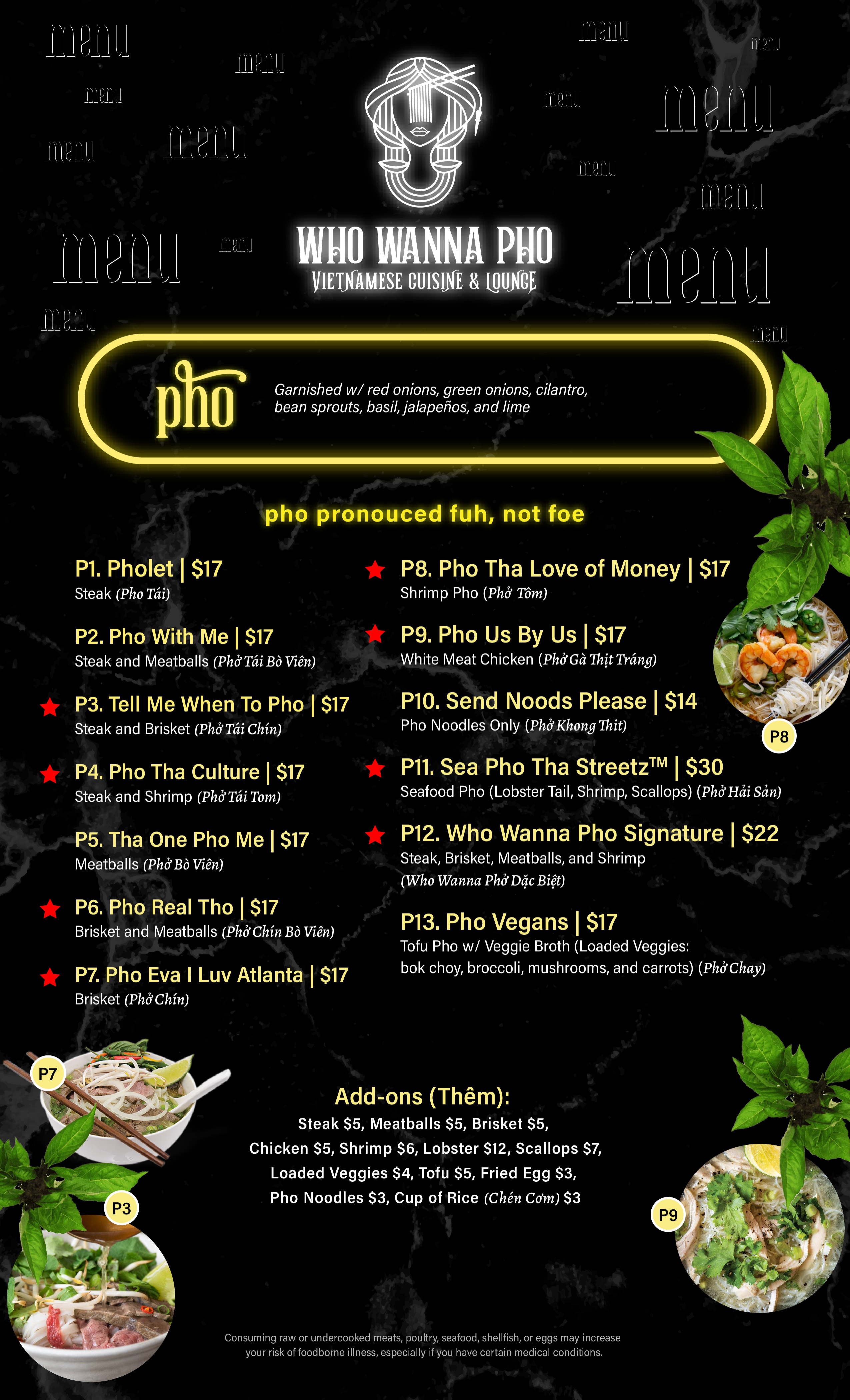 Who Wanna Pho Pho Menu