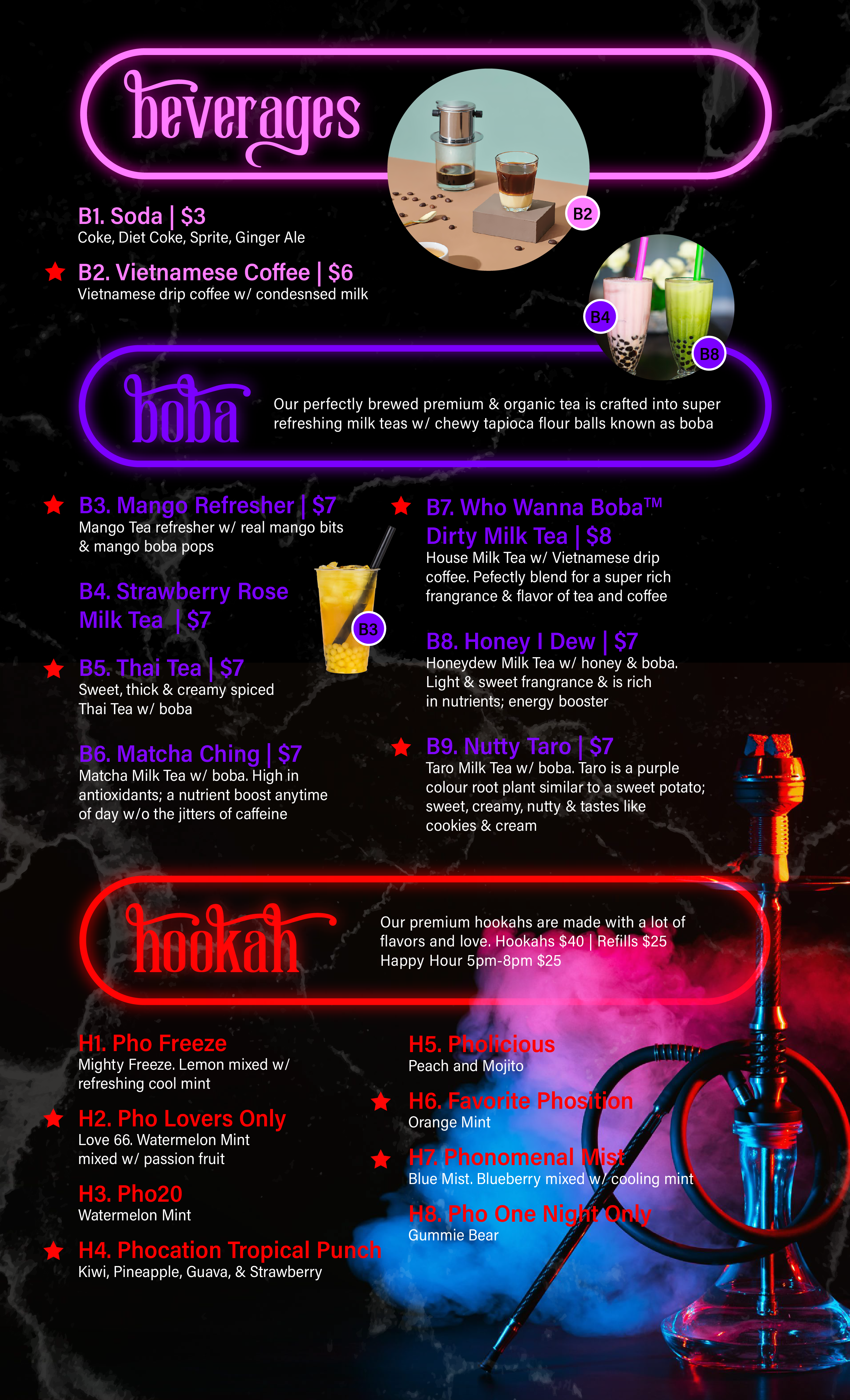 Who Wanna Pho Beverage and Hookah Menu